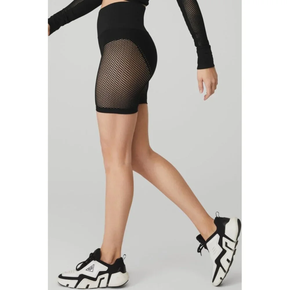 Alo Seamless High-Waist Limitless Open Air Shorts Black Edgy Sheer Mesh Cut-Outs
